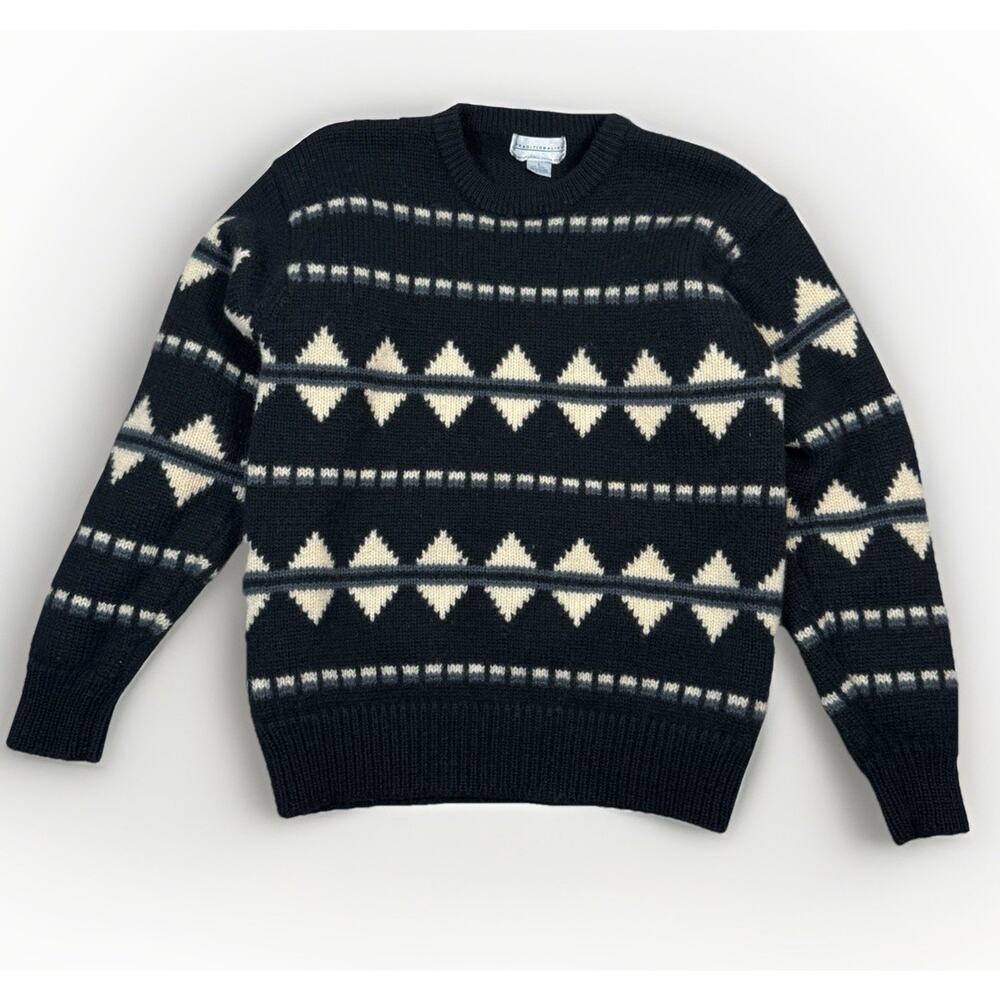 VTG Bloomingdales 100% Wool Black Sweater Heavy Knit Men's Size Large Geometric
